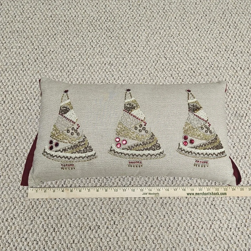 Pier 1 Decorative Throw Pillow Beaded Christmas Tree Tan Burgandy Accent Pillow